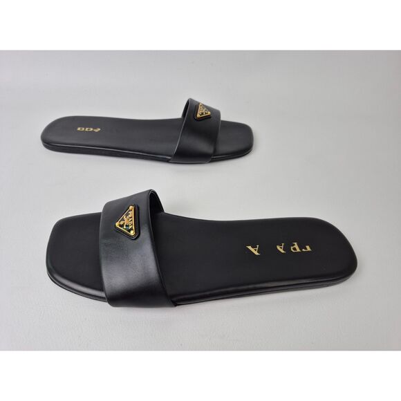Prada Women's Black Leather Badge Triangle Logo Slides Sandals Size 37 - Picture 2 of 4